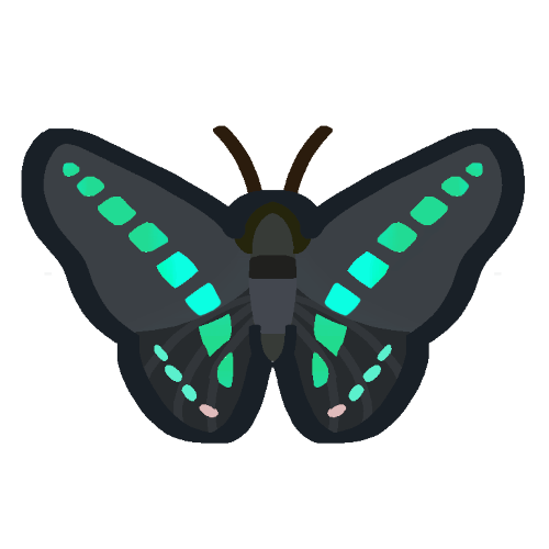 An emote of a simple butterfly icon with dark navy blue as an outline. The body is gray with a light black marking on its back with a lighter gray marking under it. The upper wings are dark gray, and the lower wings are light gray. From the upper and lower set of wings, have a line of bright green and blue spots, and the lower set has a small line at the tips as well with an orange spot near the body at the end.